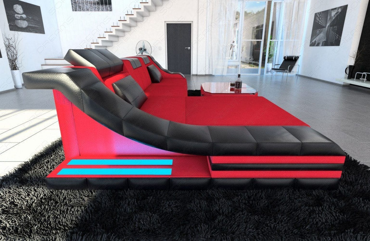 Stoff Ecksofa Turino L-Form Rot-Schwarz