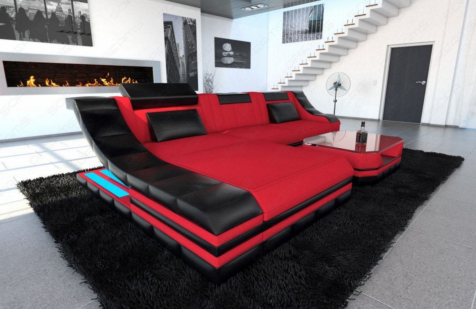Stoff Ecksofa Turino L-Form Rot-Schwarz