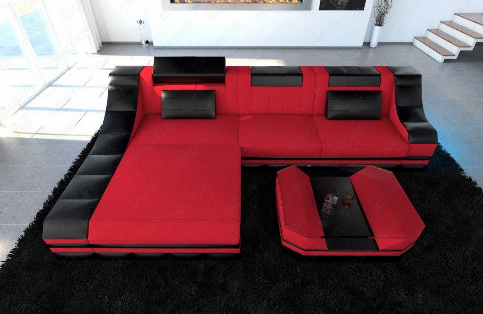 Stoff Ecksofa Turino L-Form Rot-Schwarz
