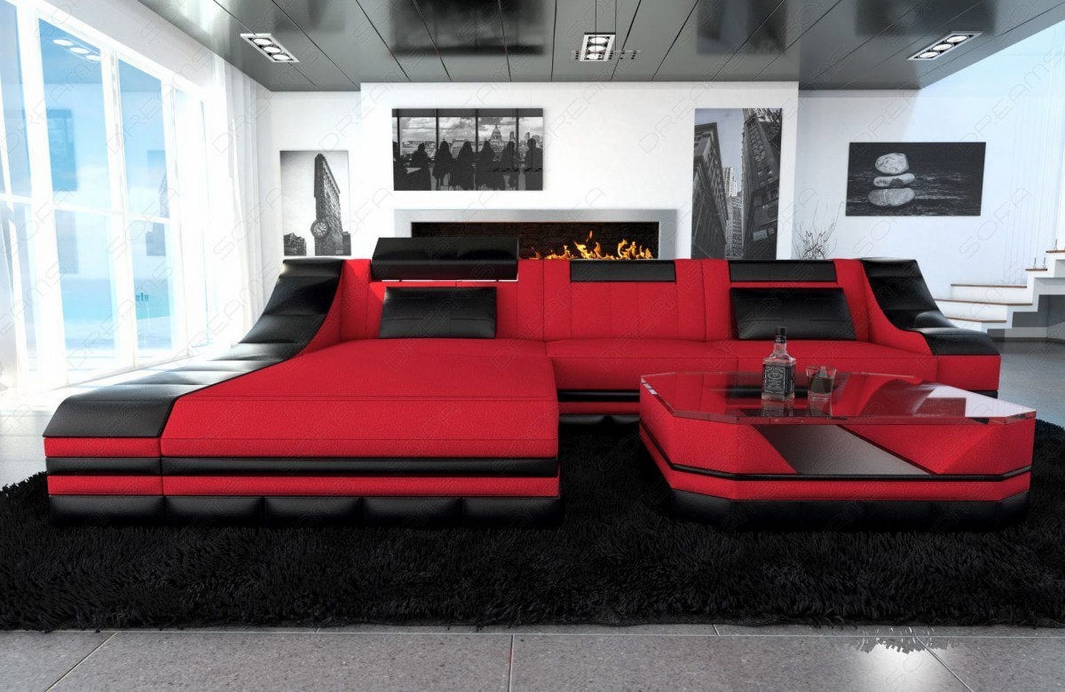 Stoff Ecksofa Turino L-Form Rot-Schwarz