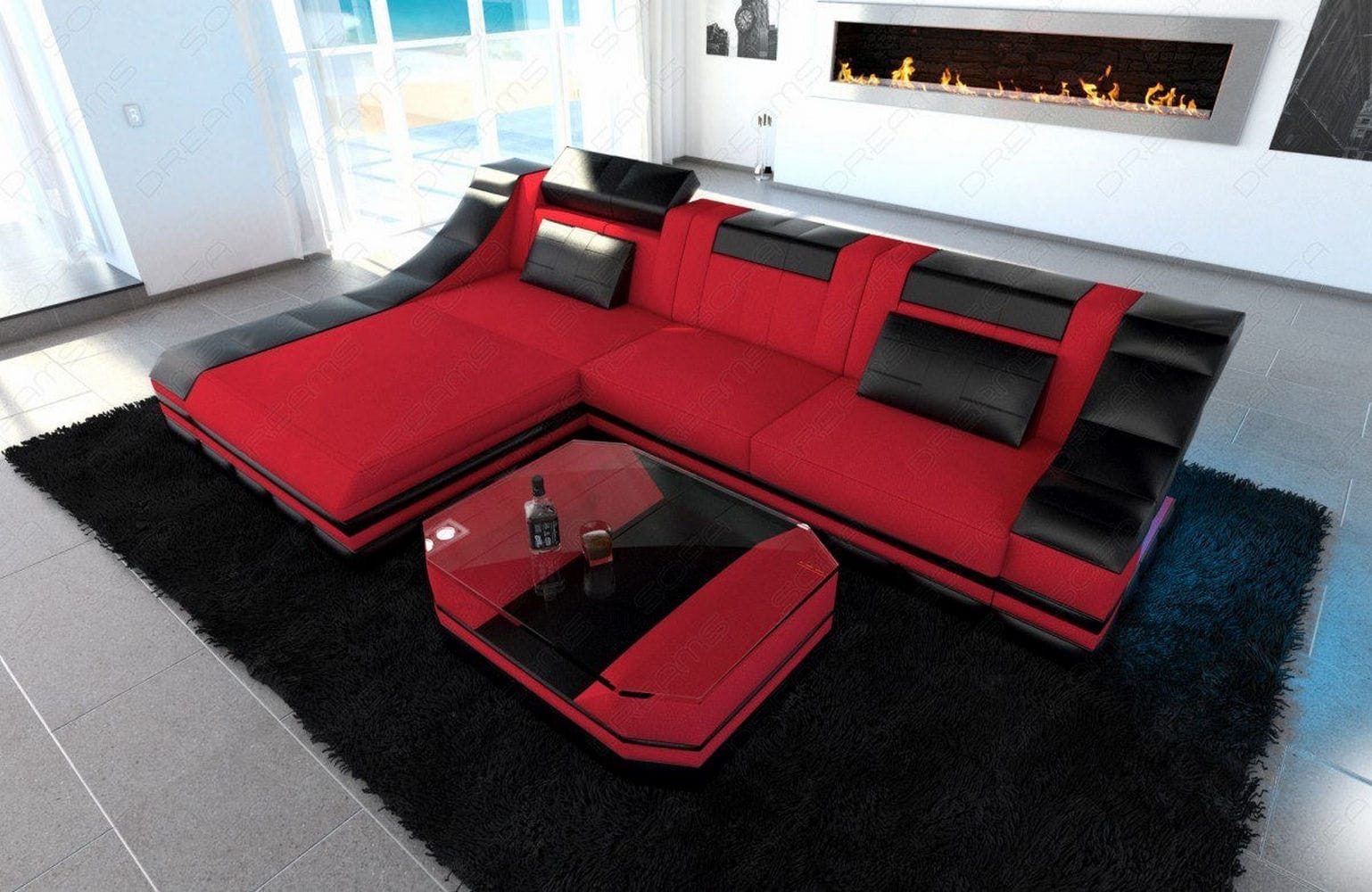 Stoff Ecksofa Turino L-Form Rot-Schwarz