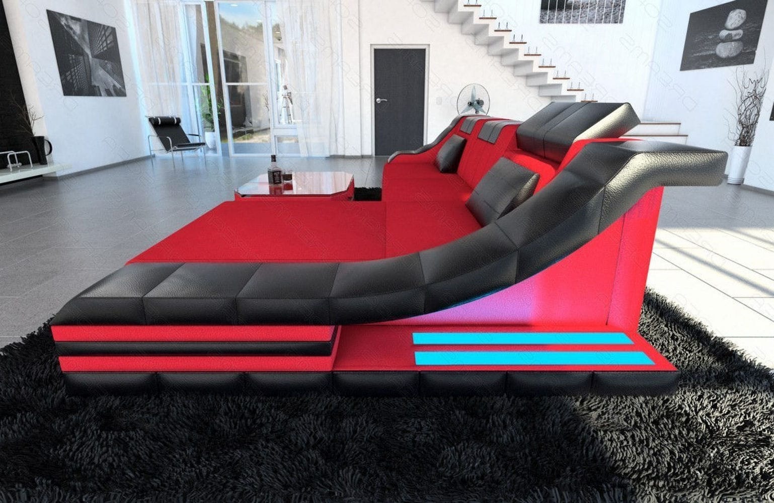 Stoff Ecksofa Turino L-Form Rot-Schwarz