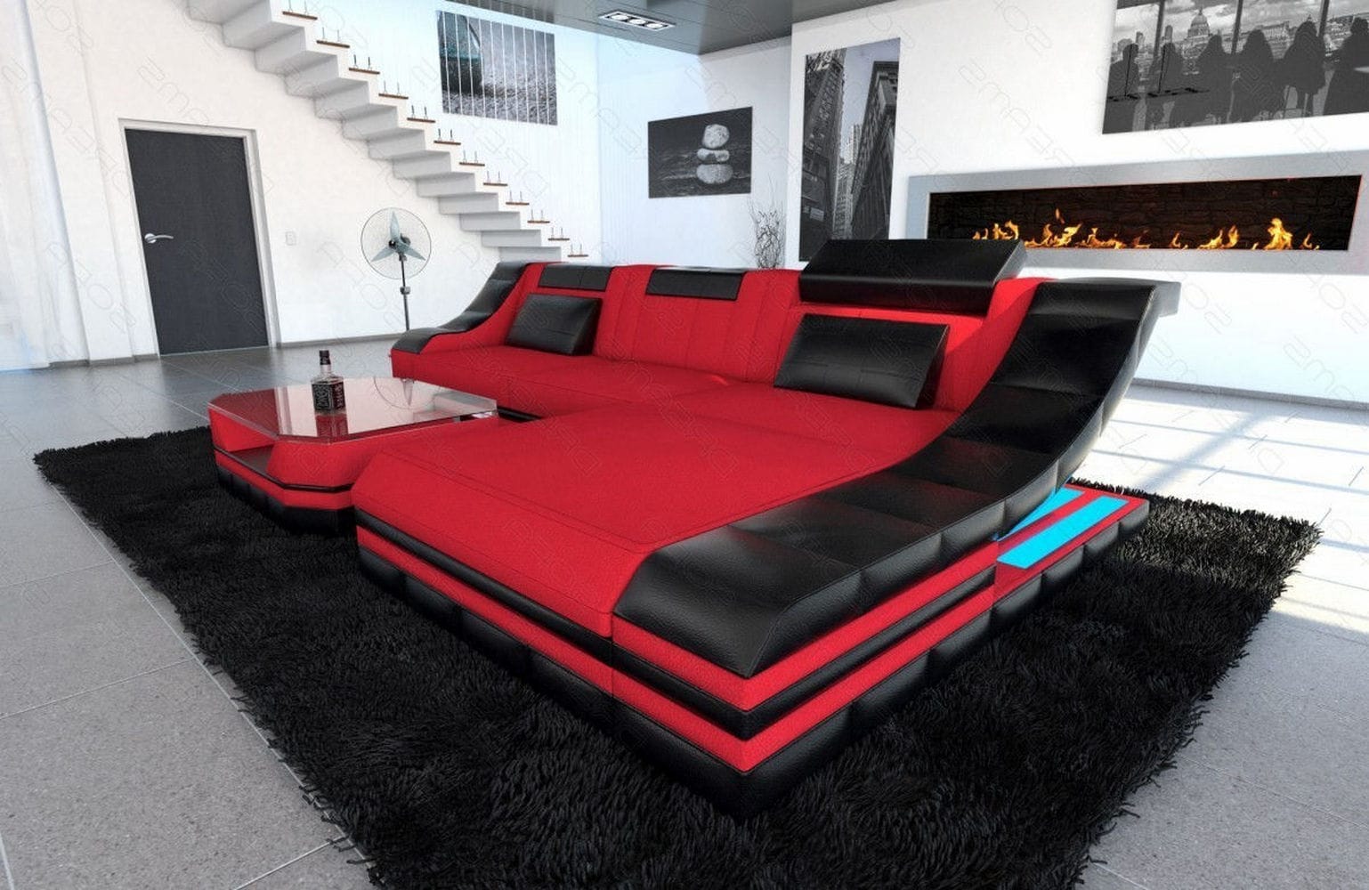 Stoff Ecksofa Turino L-Form Rot-Schwarz