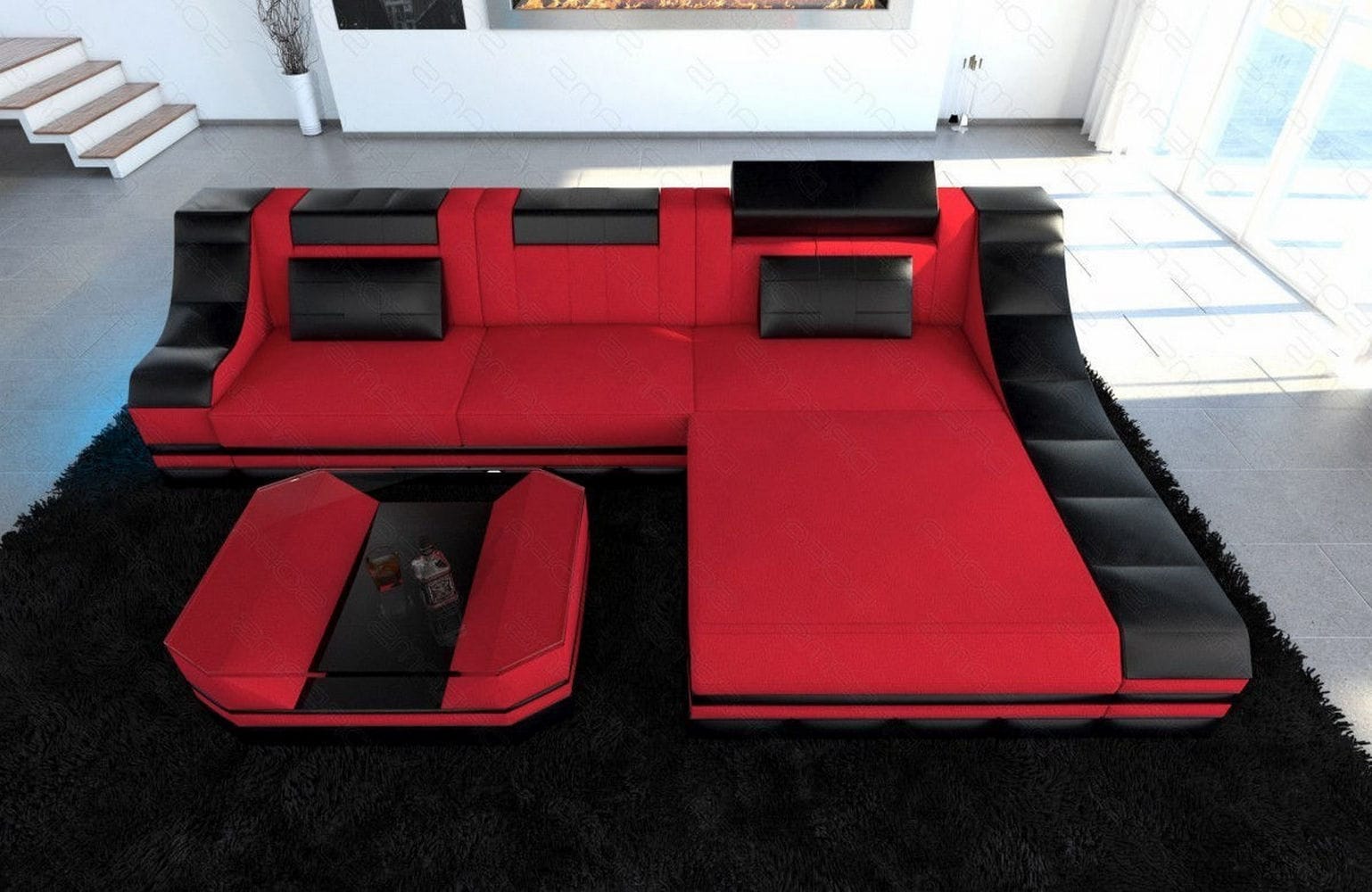 Stoff Ecksofa Turino L-Form Rot-Schwarz
