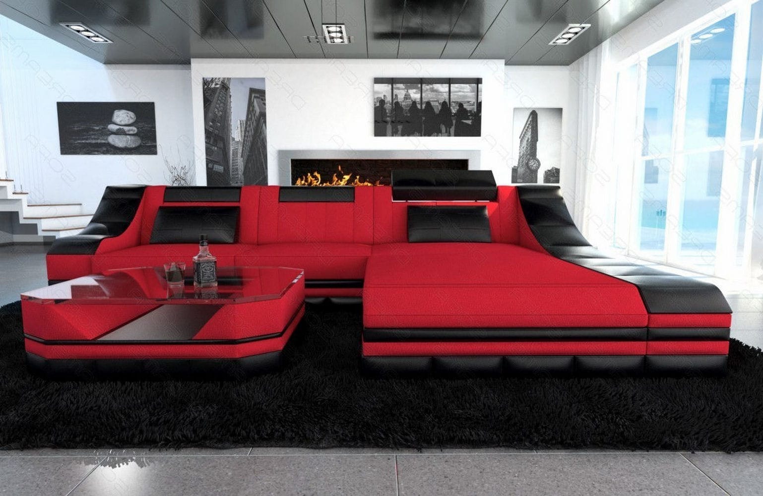 Stoff Ecksofa Turino L-Form Rot-Schwarz