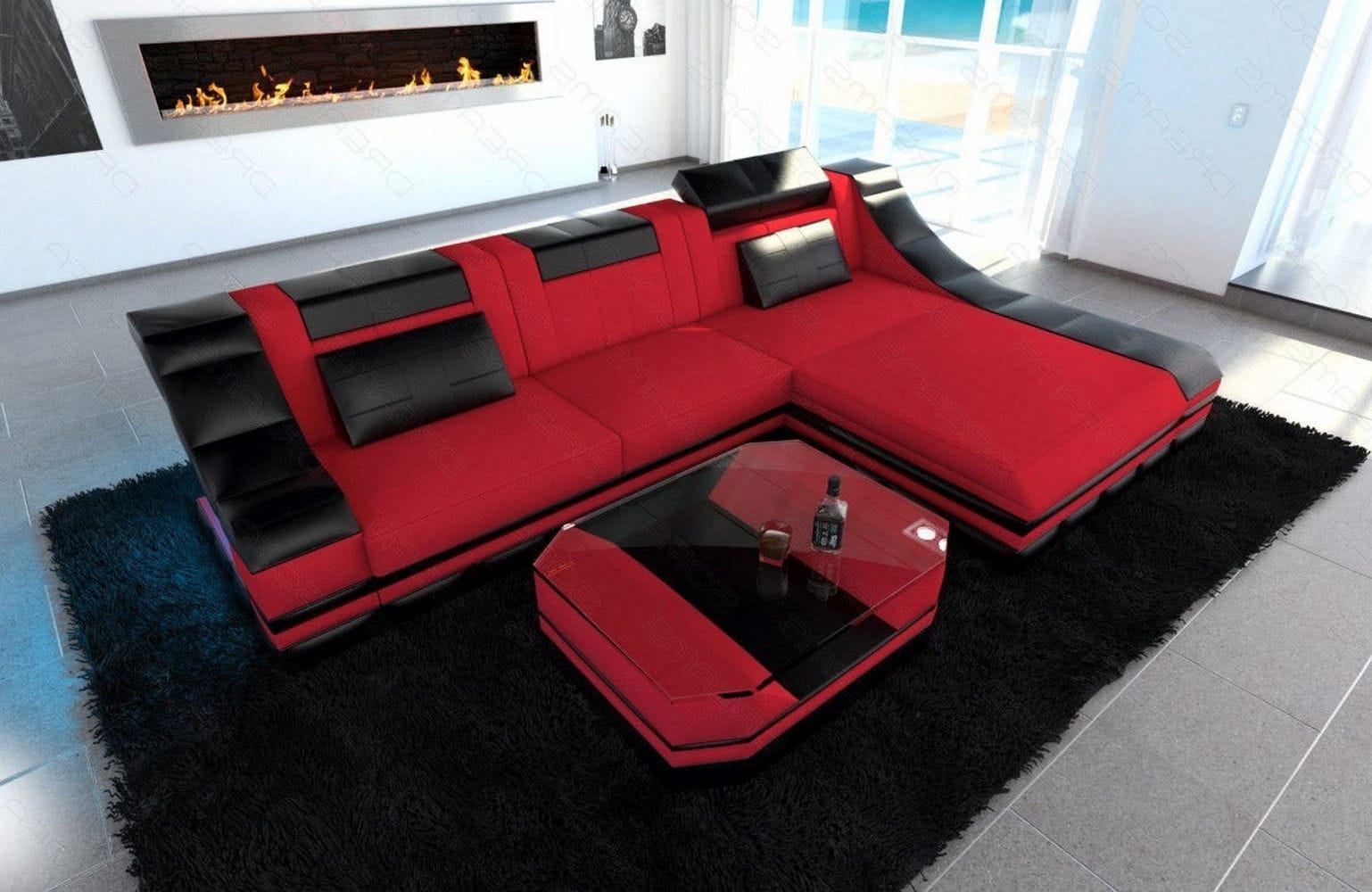 Stoff Ecksofa Turino L-Form Rot-Schwarz