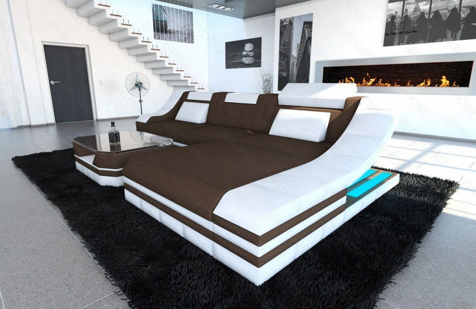 Stoff Ecksofa Turino L-Form Dunkelbraun-Weiß