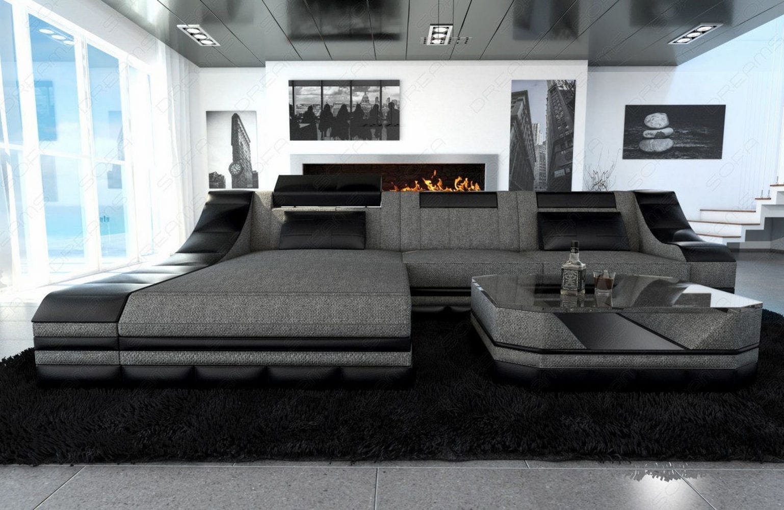 Stoff Ecksofa Turino L-Form Grau-Schwarz