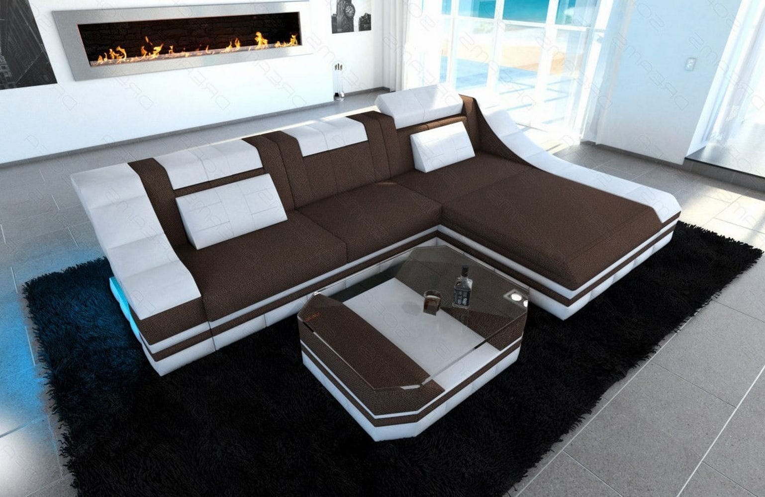 Stoff Ecksofa Turino L-Form braun-weiß