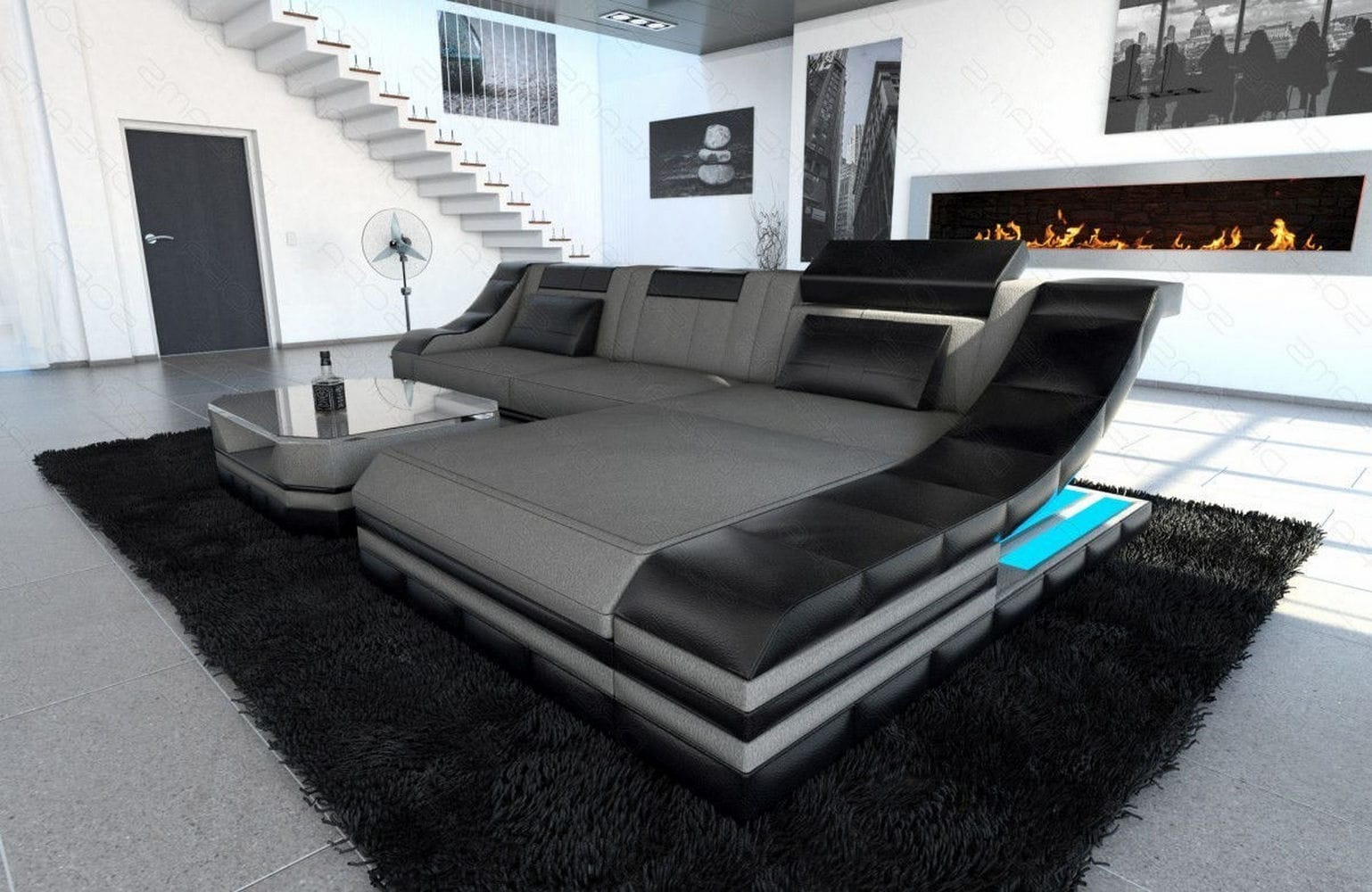 Stoff Ecksofa Turino L Form hellgrau-schwarz