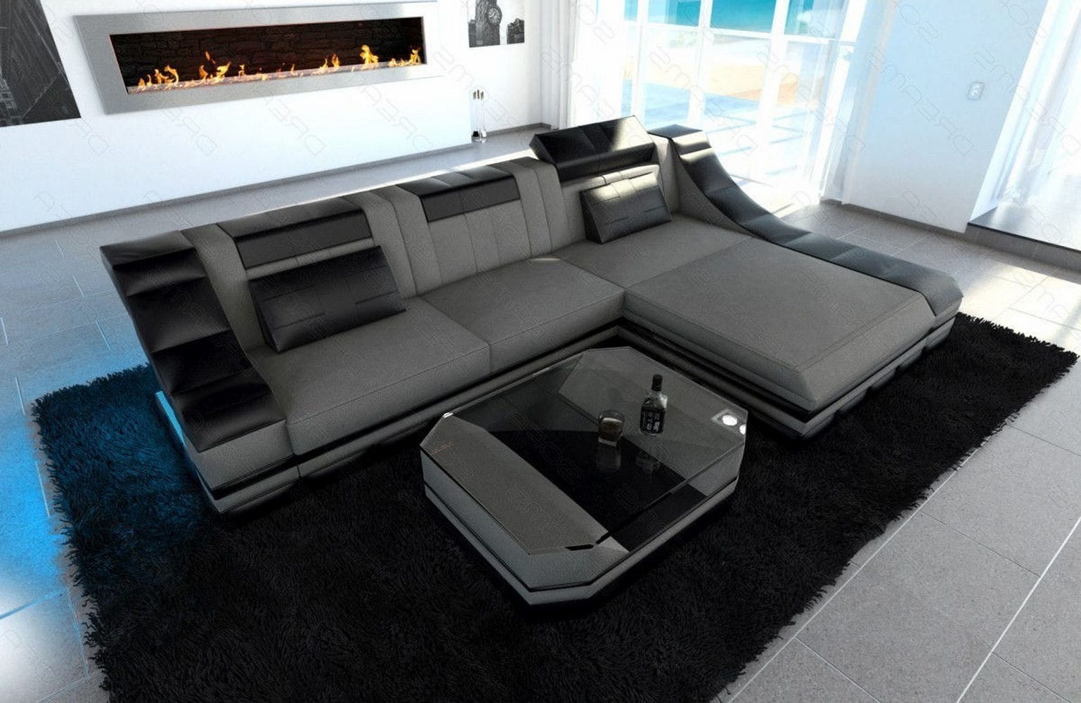 Stoff Ecksofa Turino L Form hellgrau-schwarz