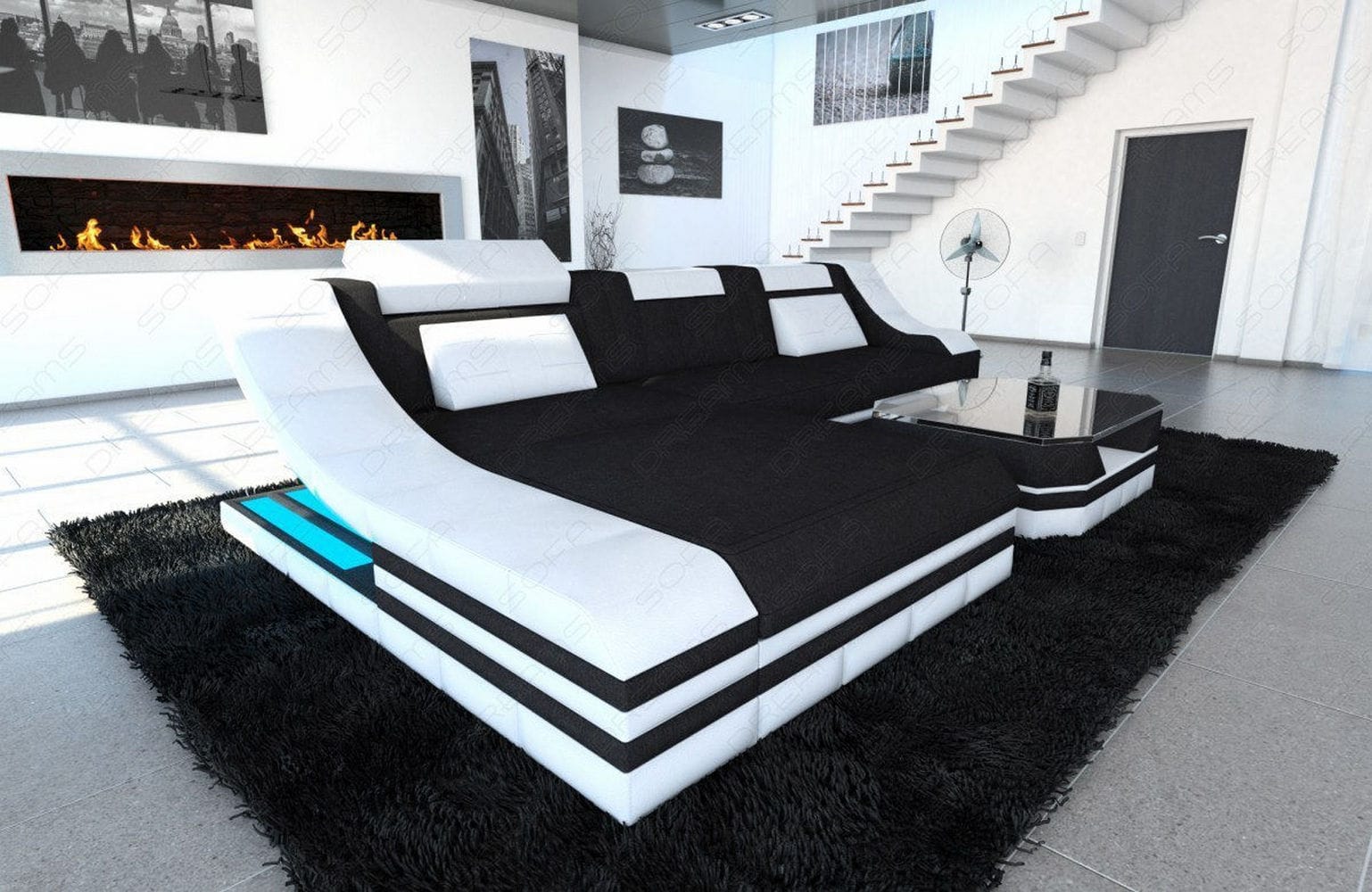Stoff Ecksofa Turino L-Form Schwarz-Weiß