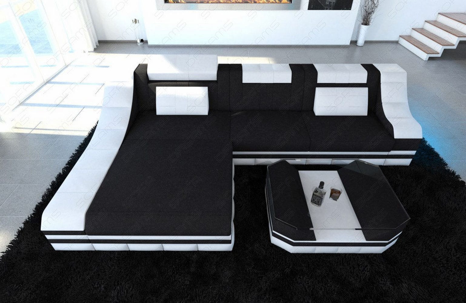 Stoff Ecksofa Turino L-Form Schwarz-Weiß