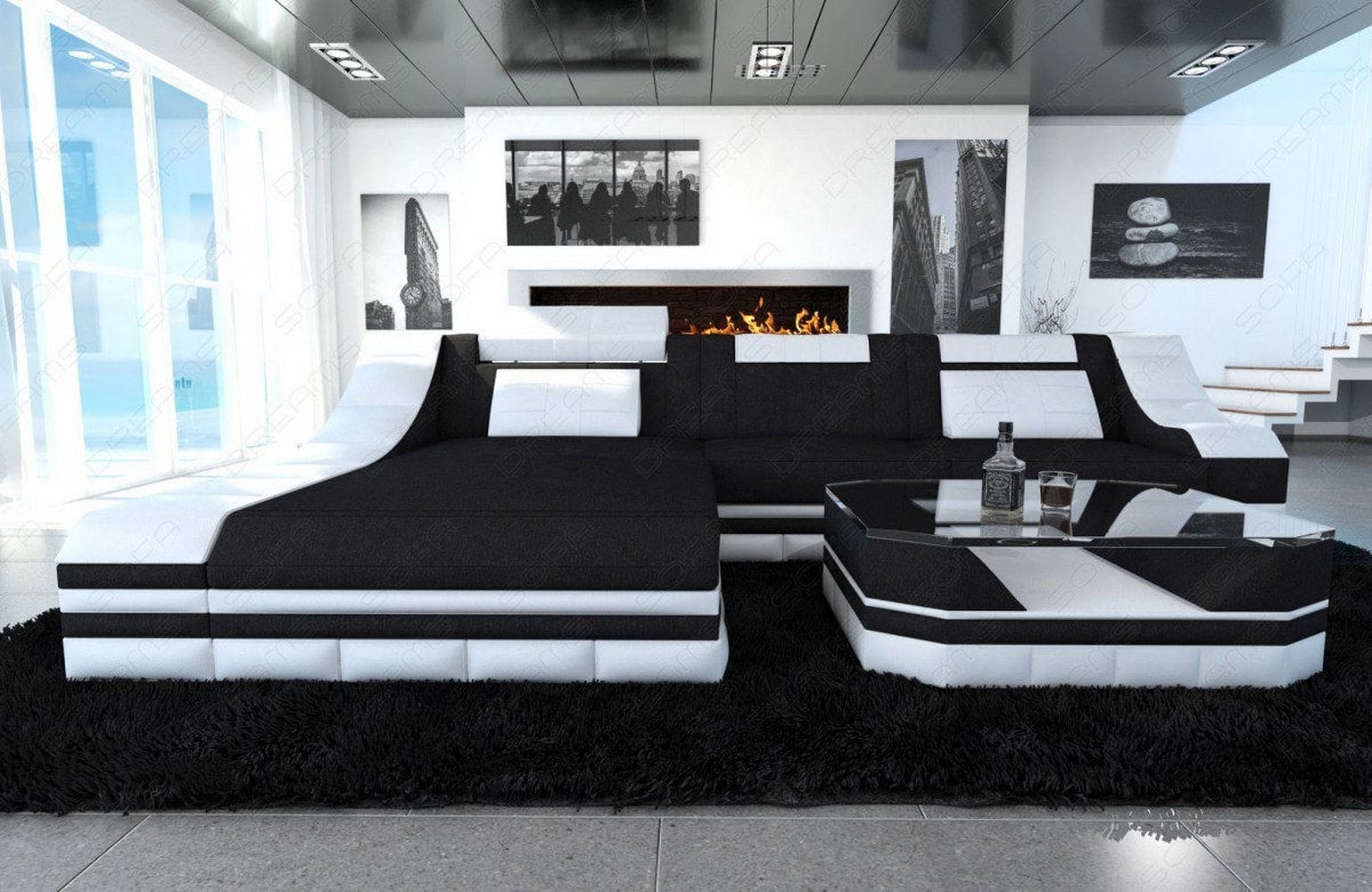 Stoff Ecksofa Turino L-Form Schwarz-Weiß
