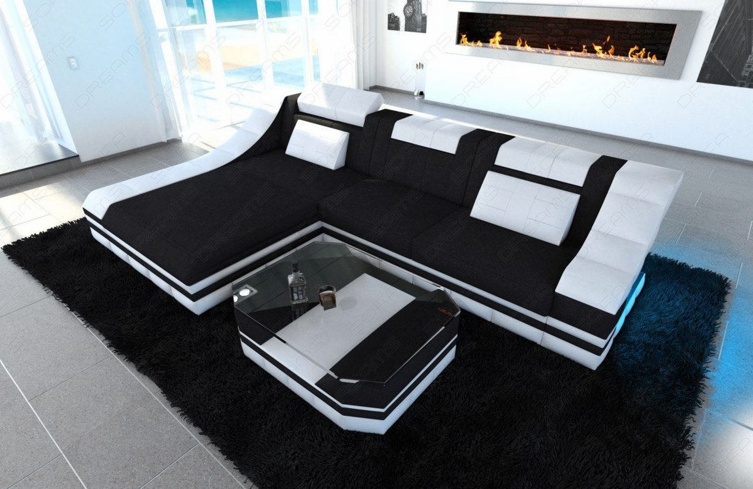 Stoff Ecksofa Turino L-Form Schwarz-Weiß