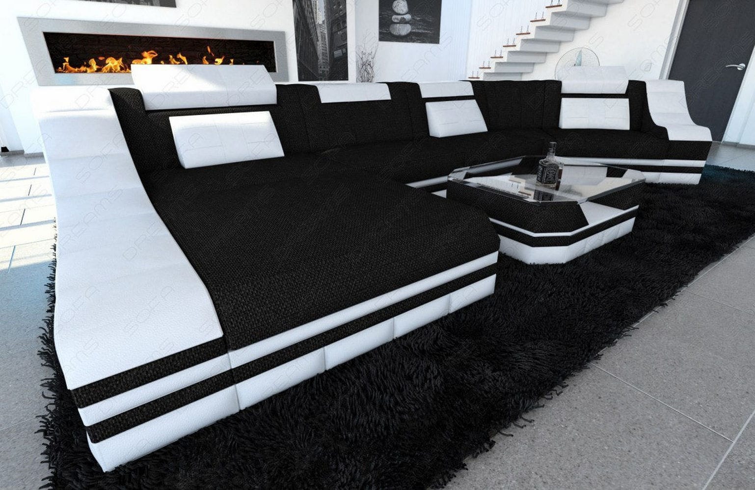 Sofa Turino C-Form in Stoff schwarz-weiß