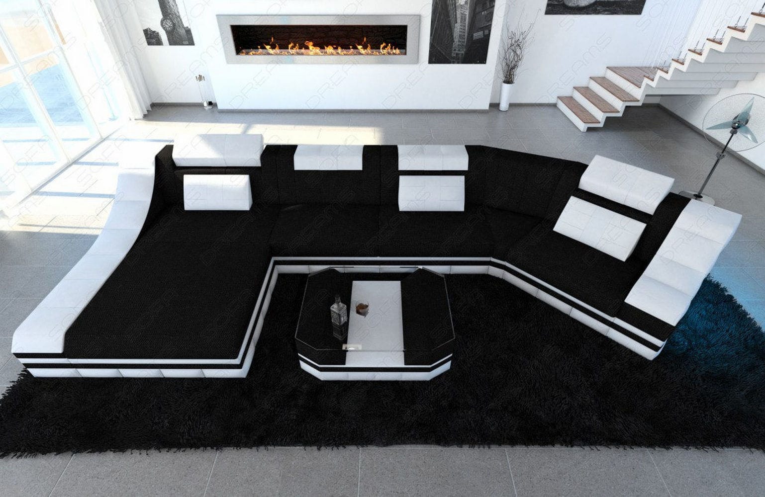 Sofa Turino C-Form in Stoff schwarz-weiß
