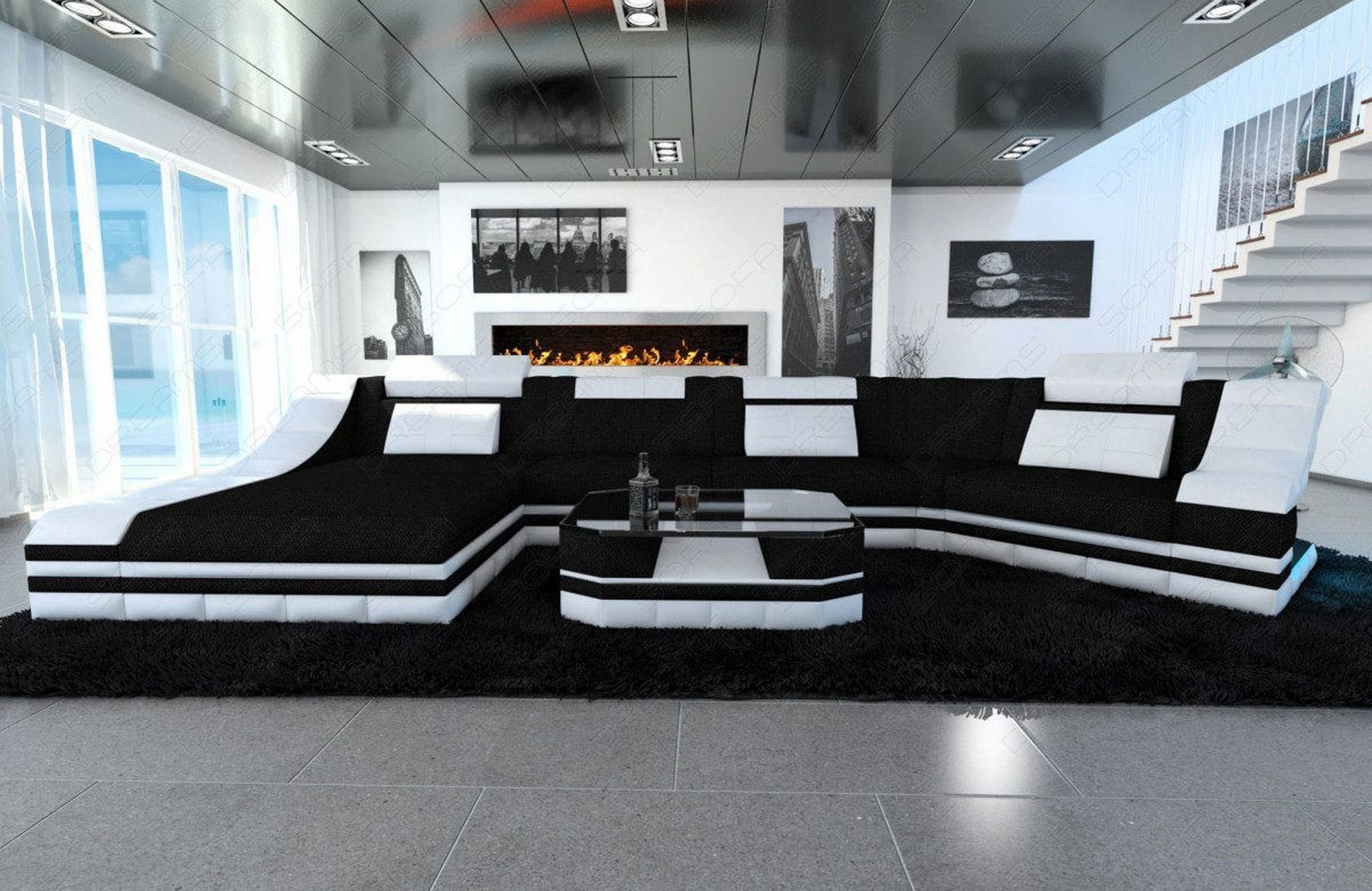 Sofa Turino C-Form in Stoff schwarz-weiß