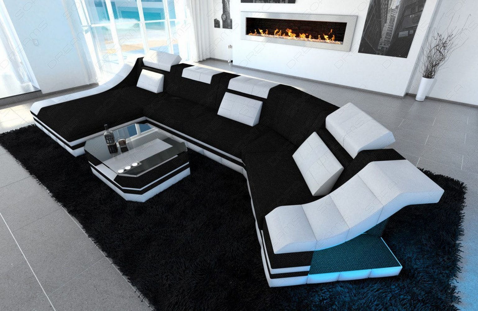 Sofa Turino C-Form in Stoff schwarz-weiß