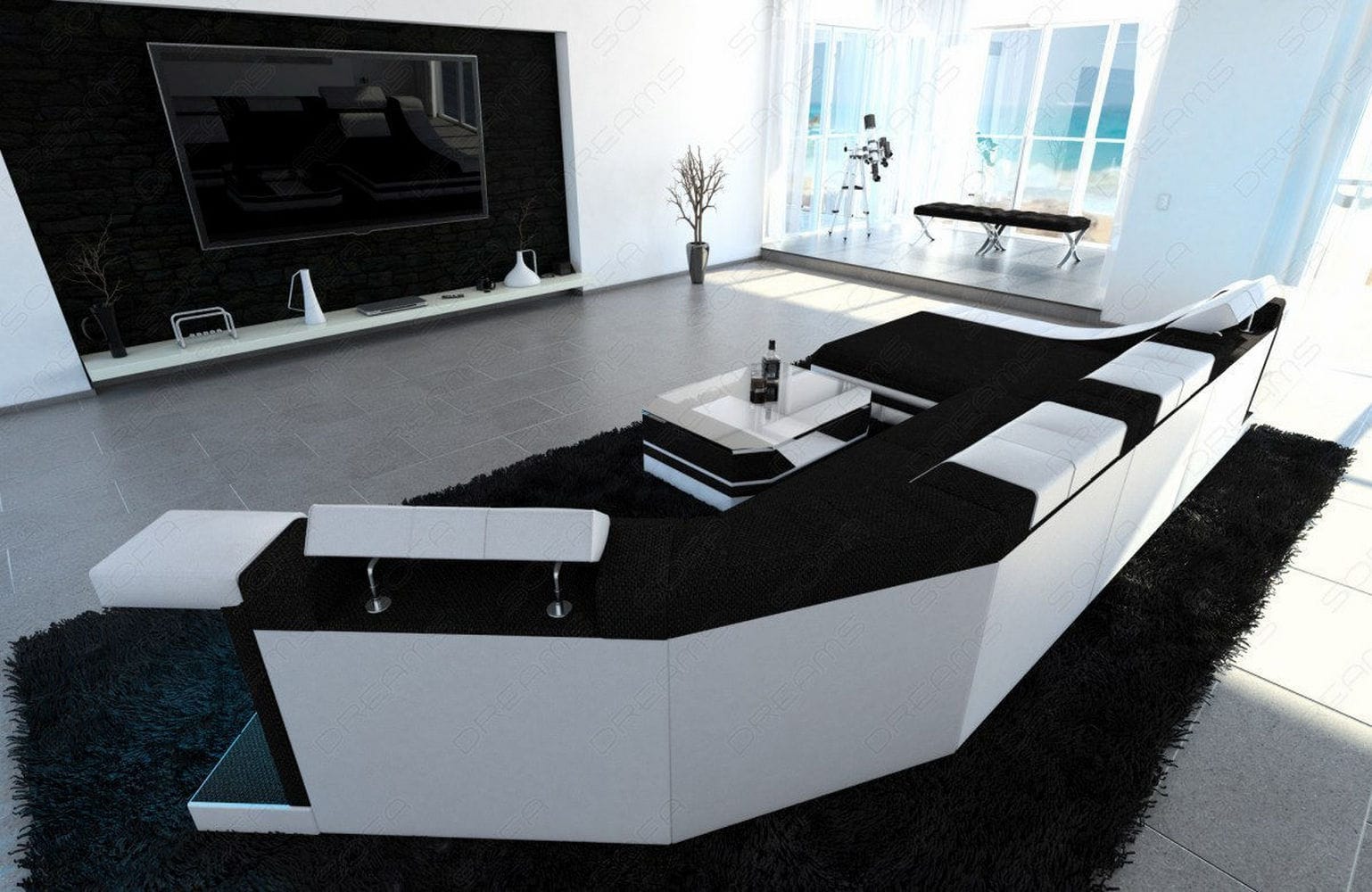 Sofa Turino C-Form in Stoff schwarz-weiß