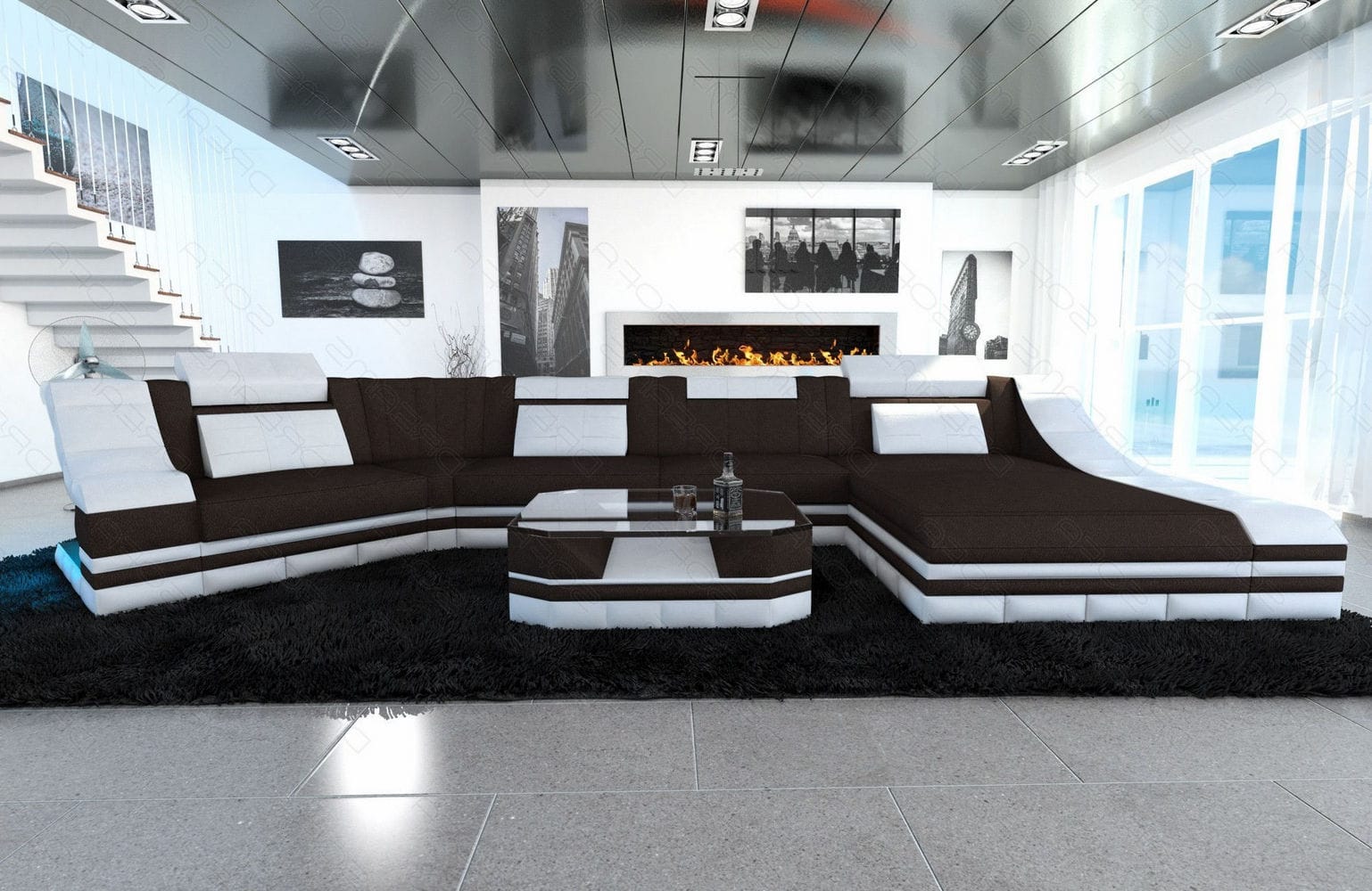 Sofa Turino C in Stoff mokka-weiß