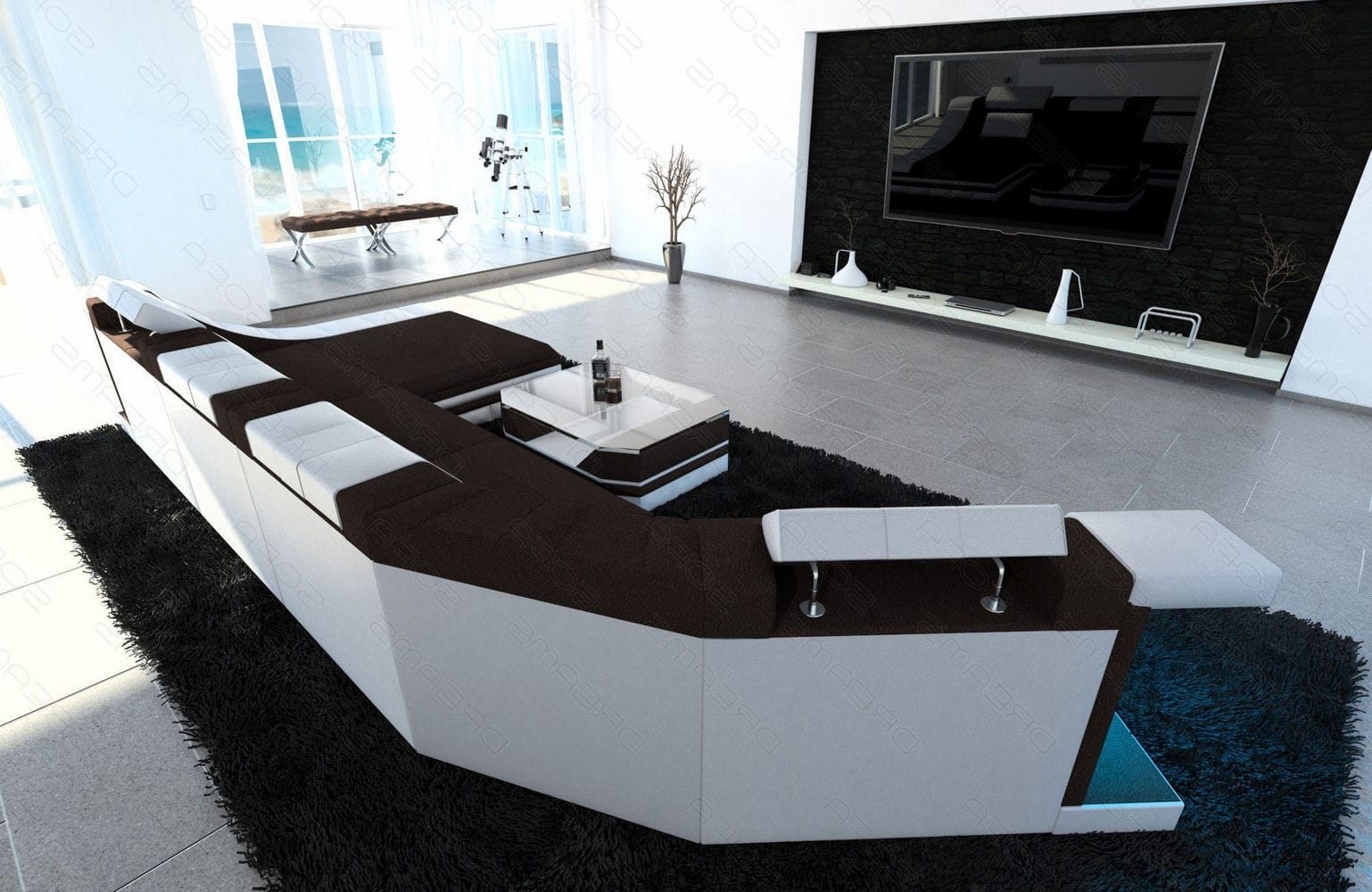 Sofa Turino C in Stoff mokka-weiß