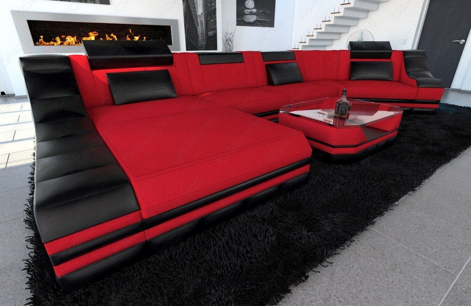 Sofa Turino C-Form in Stoff Rot-Schwarz