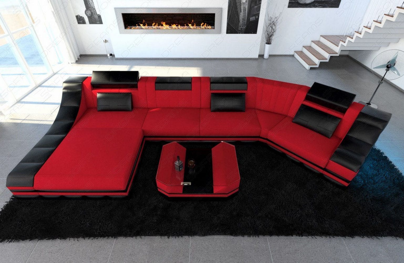 Sofa Turino C-Form in Stoff Rot-Schwarz