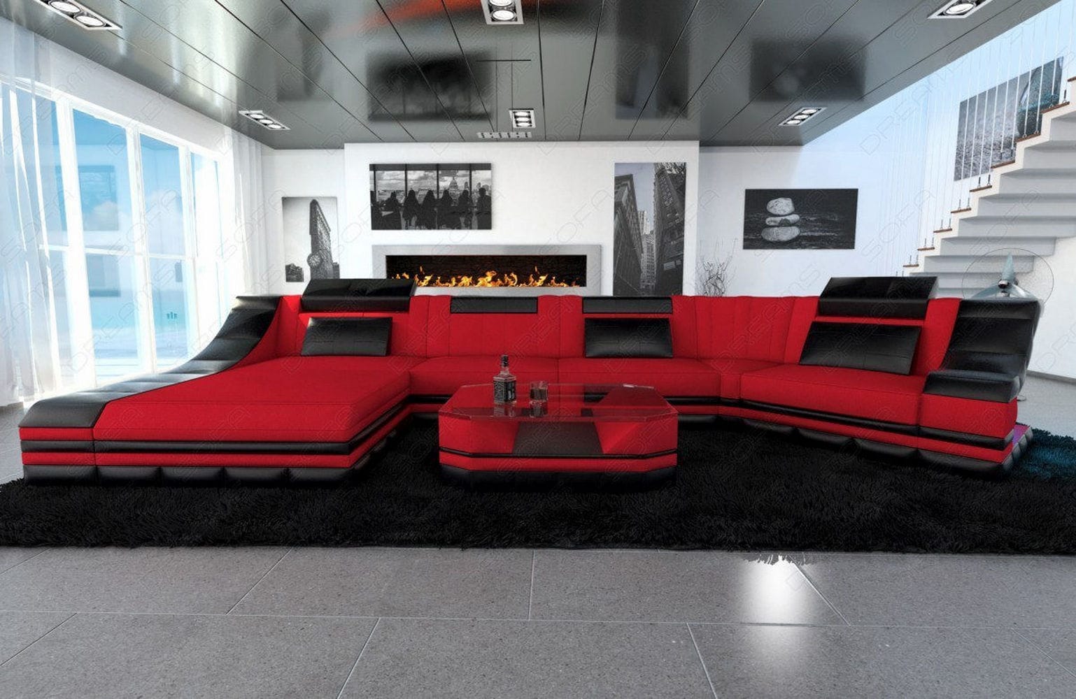 Sofa Turino C-Form in Stoff Rot-Schwarz