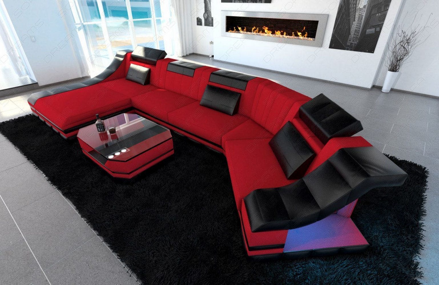 Sofa Turino C-Form in Stoff Rot-Schwarz