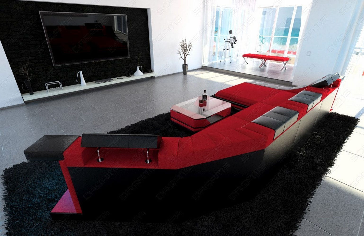 Sofa Turino C-Form in Stoff Rot-Schwarz
