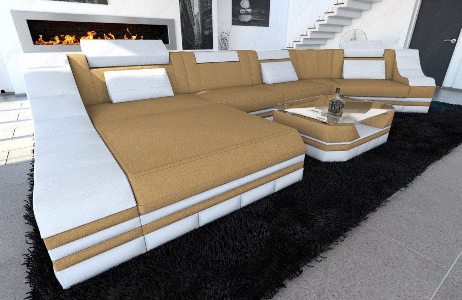 Sofa Turino C-Form in Stoff Beige-Weiß