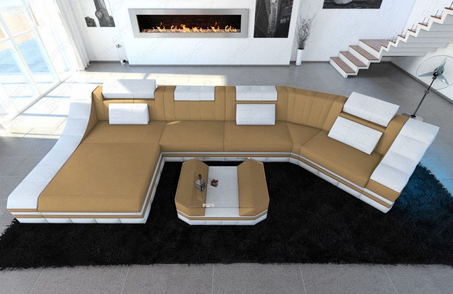 Sofa Turino C-Form in Stoff Beige-Weiß
