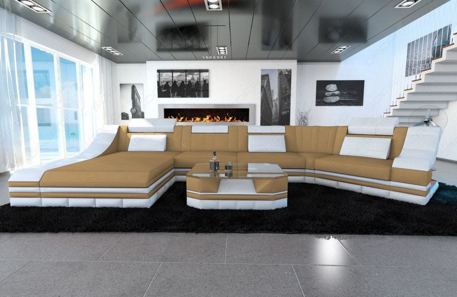 Sofa Turino C-Form in Stoff Beige-Weiß