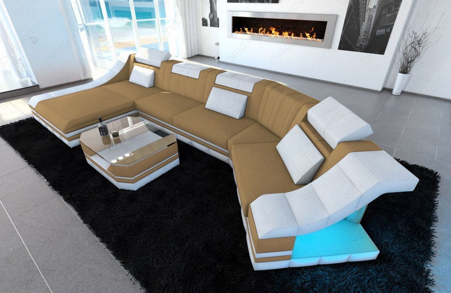 Sofa Turino C-Form in Stoff Beige-Weiß