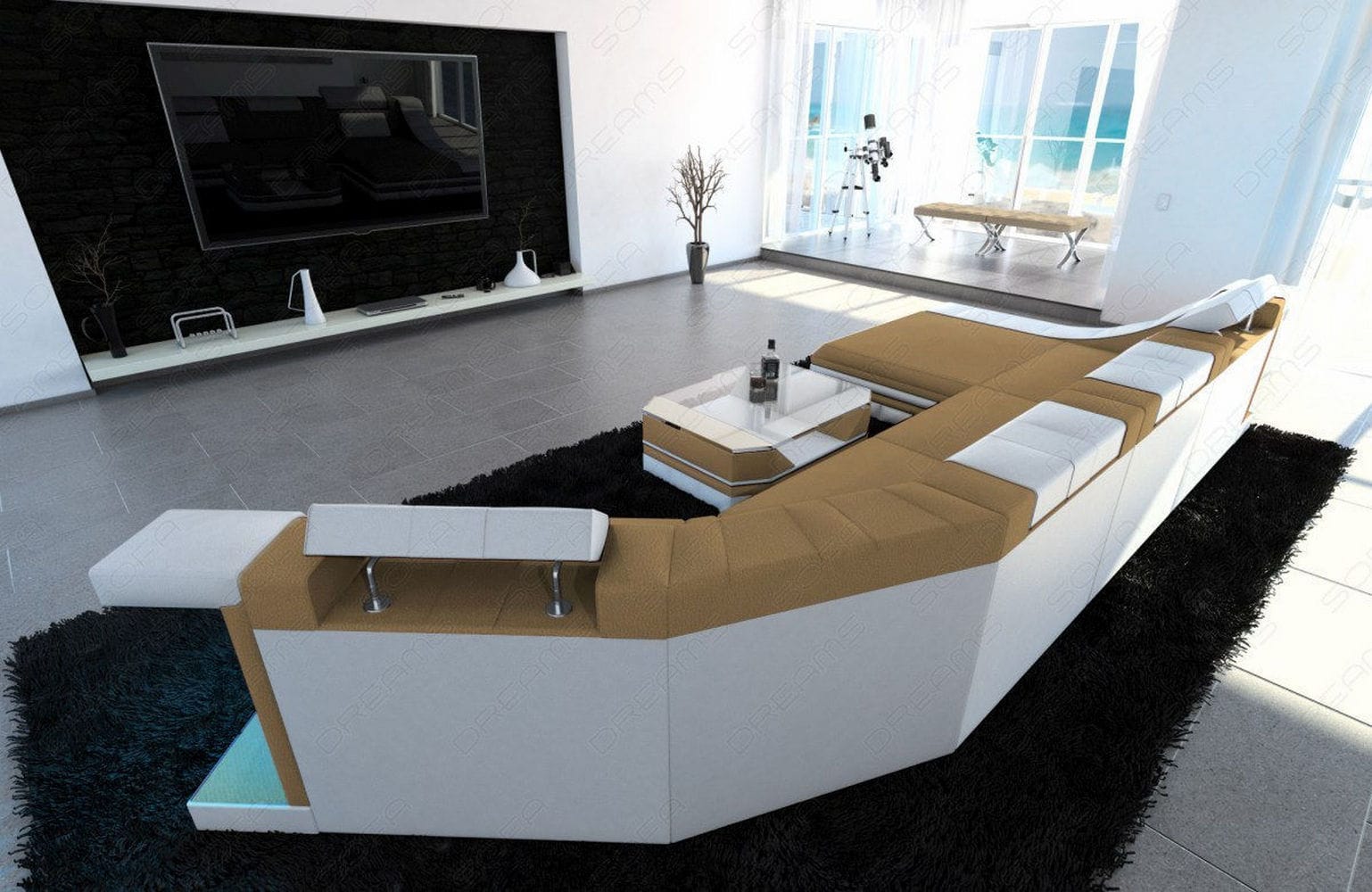 Sofa Turino C-Form in Stoff Beige-Weiß