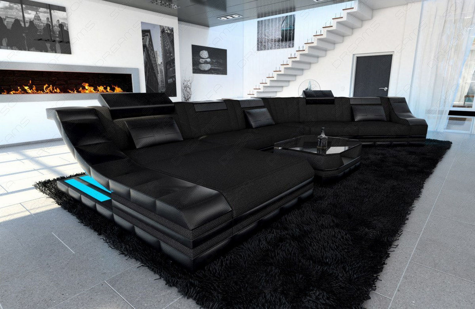 Polster Wohnlandschaft Turino CL mit LED Schwarz-Schwarz
