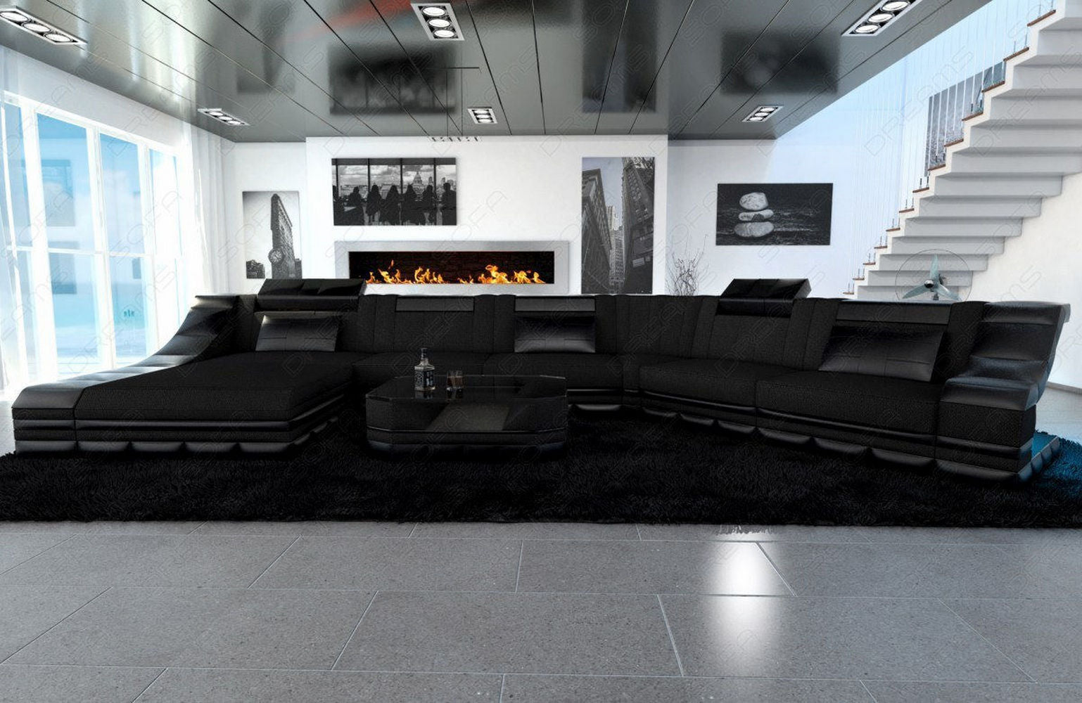 Polster Wohnlandschaft Turino CL mit LED Schwarz-Schwarz