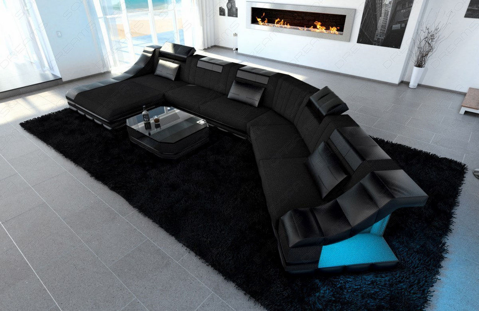 Polster Wohnlandschaft Turino CL mit LED Schwarz-Schwarz
