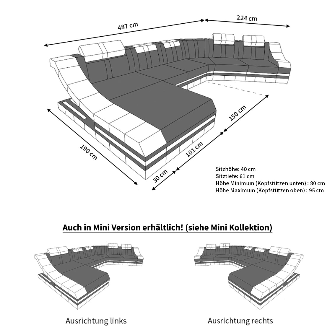 Polster Wohnlandschaft Turino CL mit LED Schwarz-Schwarz