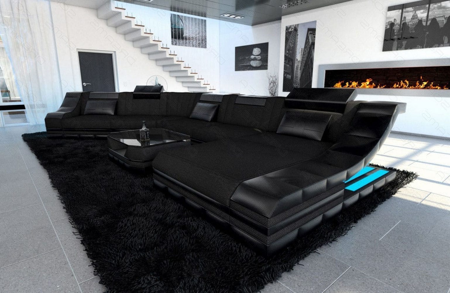 XXL Wohnlandschaft Turino CL-Form aus Stoff schwarz-schwarz