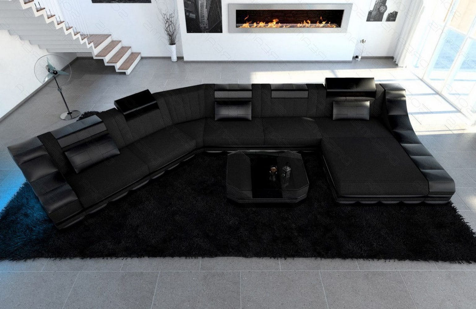 XXL Wohnlandschaft Turino CL-Form aus Stoff schwarz-schwarz
