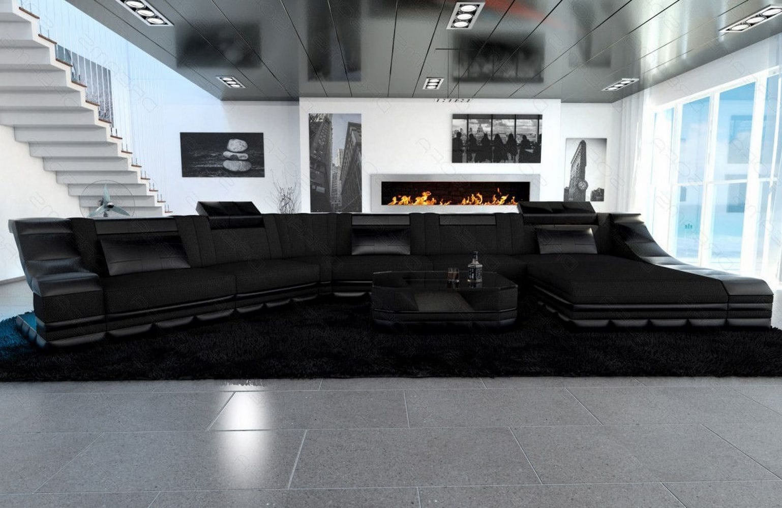 XXL Wohnlandschaft Turino CL-Form aus Stoff schwarz-schwarz
