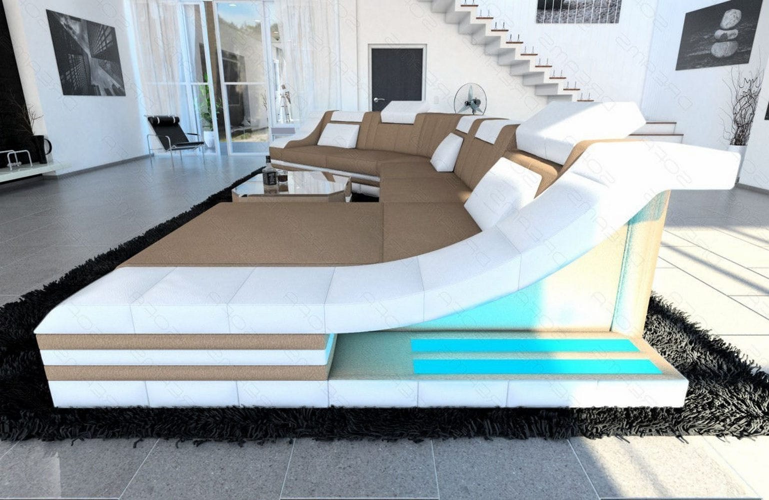 XXL Wohnlandschaft Turino CL-Form aus Stoff Cappuccino-Weiß