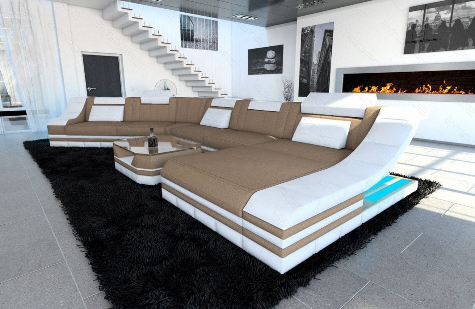 XXL Wohnlandschaft Turino CL-Form aus Stoff Cappuccino-Weiß