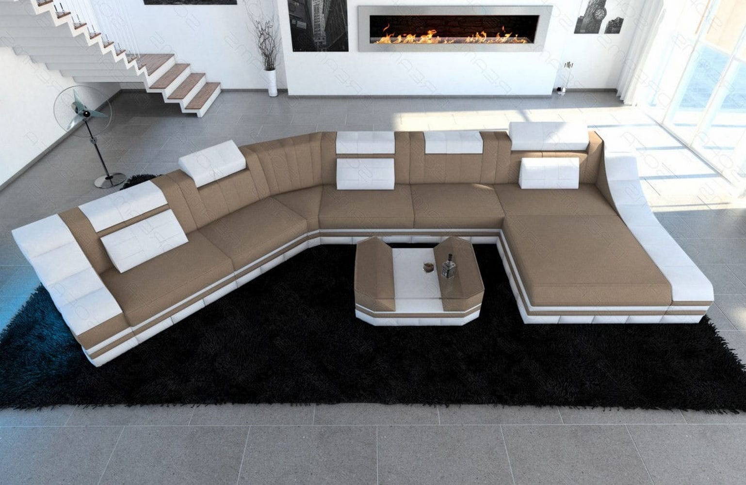 XXL Wohnlandschaft Turino CL-Form aus Stoff Cappuccino-Weiß