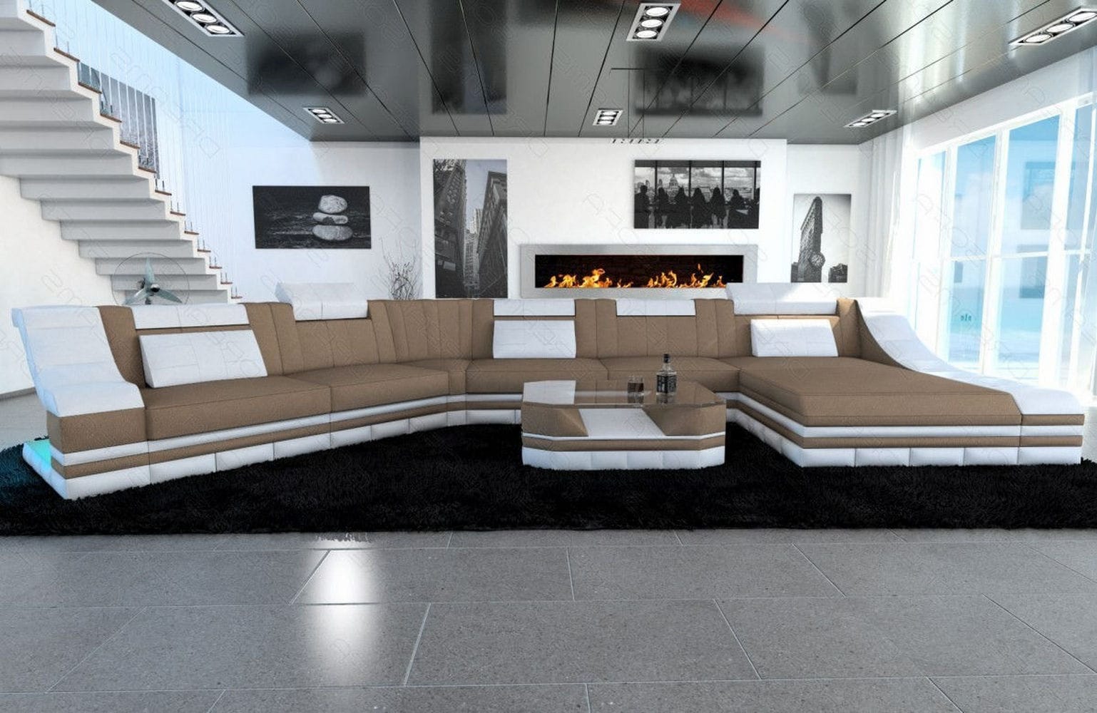 XXL Wohnlandschaft Turino CL-Form aus Stoff Cappuccino-Weiß