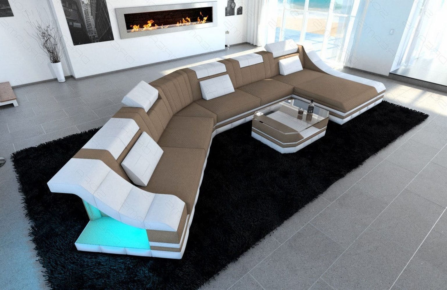 XXL Wohnlandschaft Turino CL-Form aus Stoff Cappuccino-Weiß