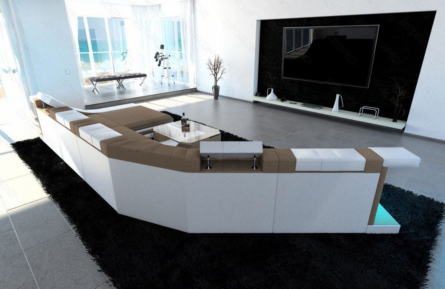 XXL Wohnlandschaft Turino CL-Form aus Stoff Cappuccino-Weiß