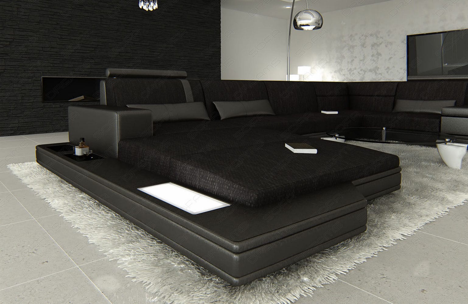 Stoff Wohnlandschaft Messana U-Form Schwarz-Schwarz